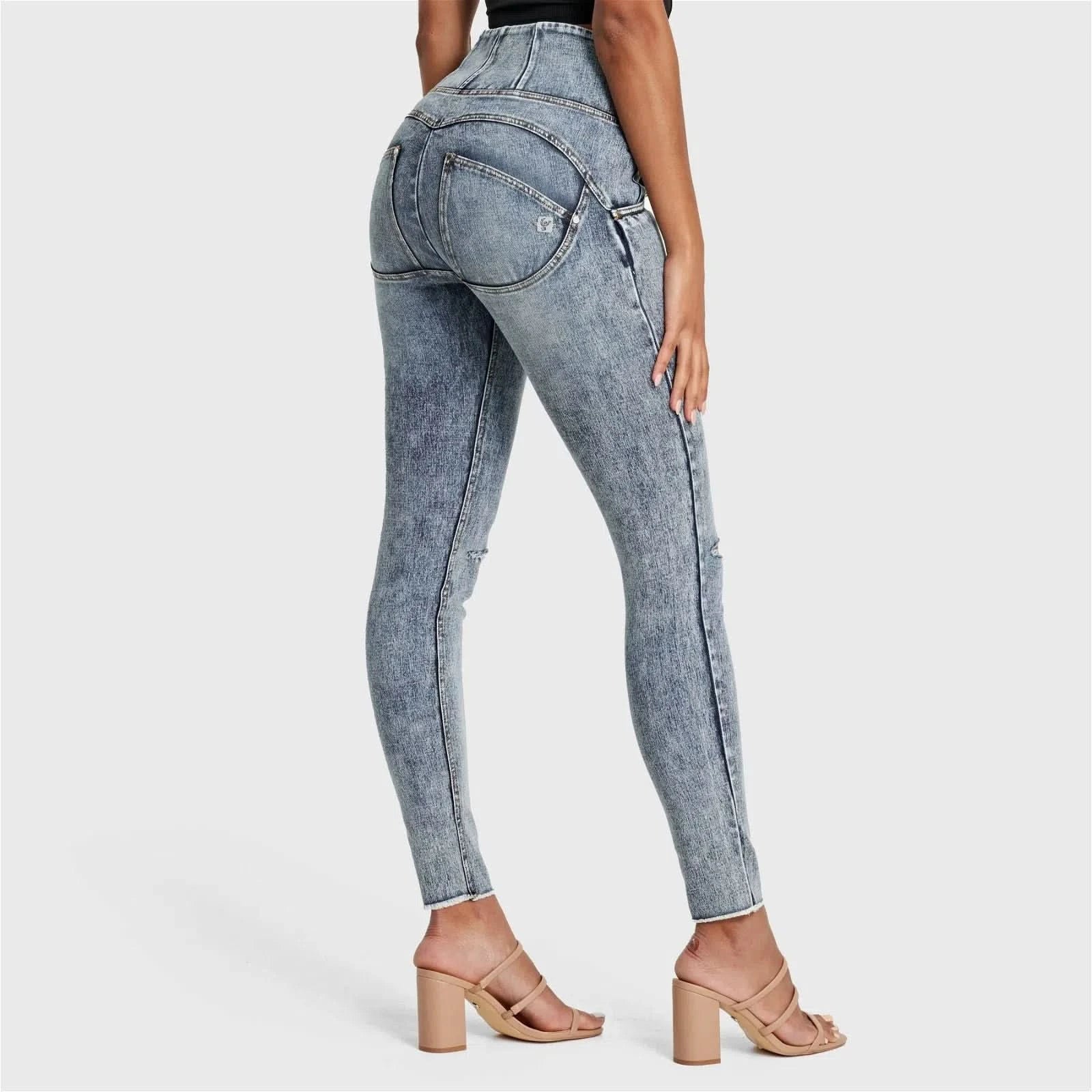 WRUP SNUG Ripped Jeans - High Waisted - Full Length - Blue Stonewash + Yellow Stitching - Image 8