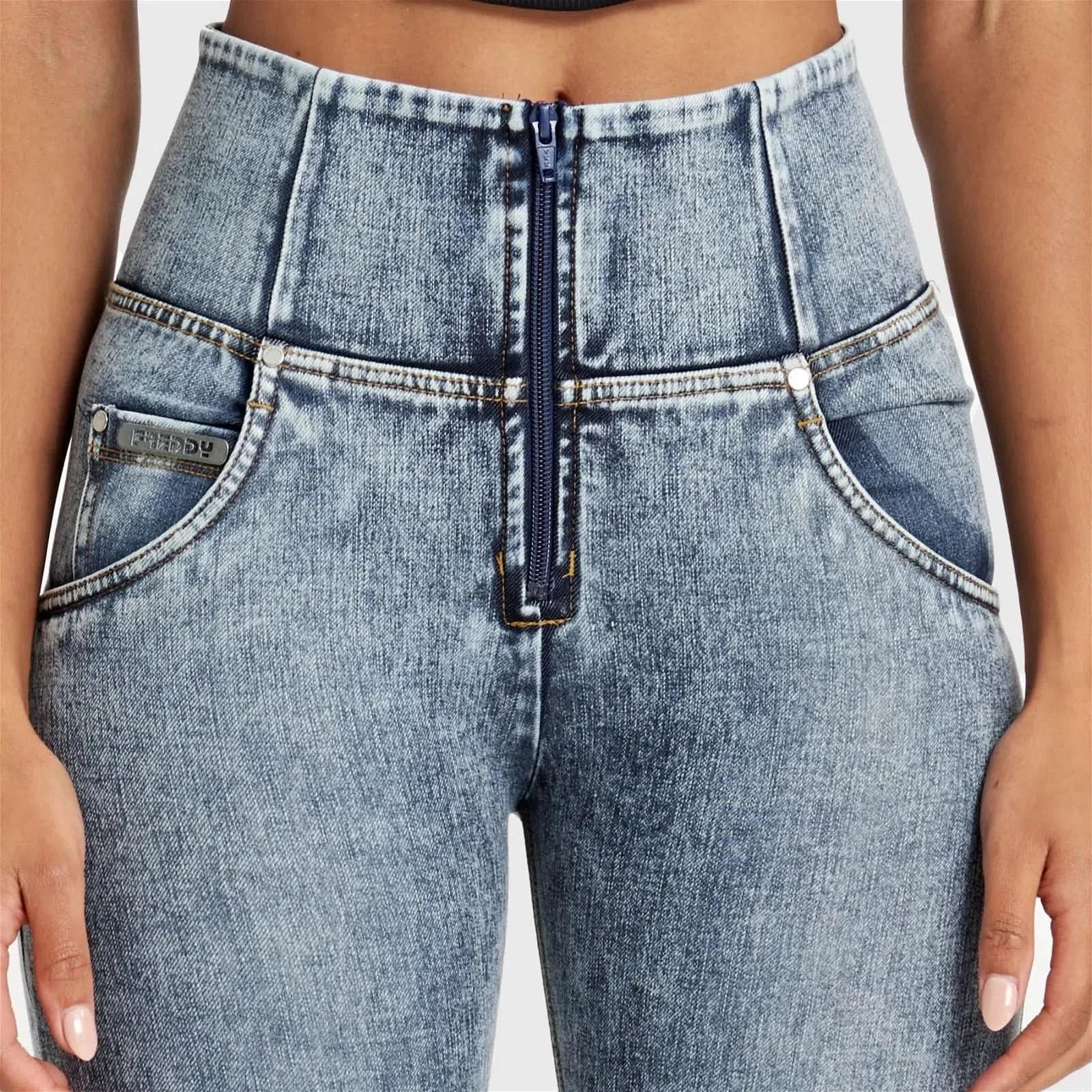 WRUP SNUG Ripped Jeans - High Waisted - Full Length - Blue Stonewash + Yellow Stitching - Image 9