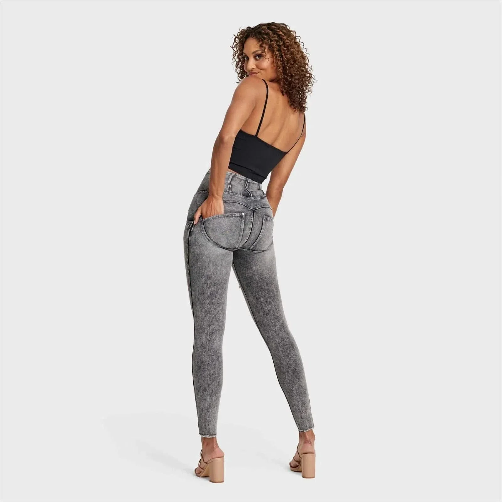 WRUP SNUG Ripped Jeans - High Waisted - Full Length - Grey Stonewash + Grey Stitching - Image 10