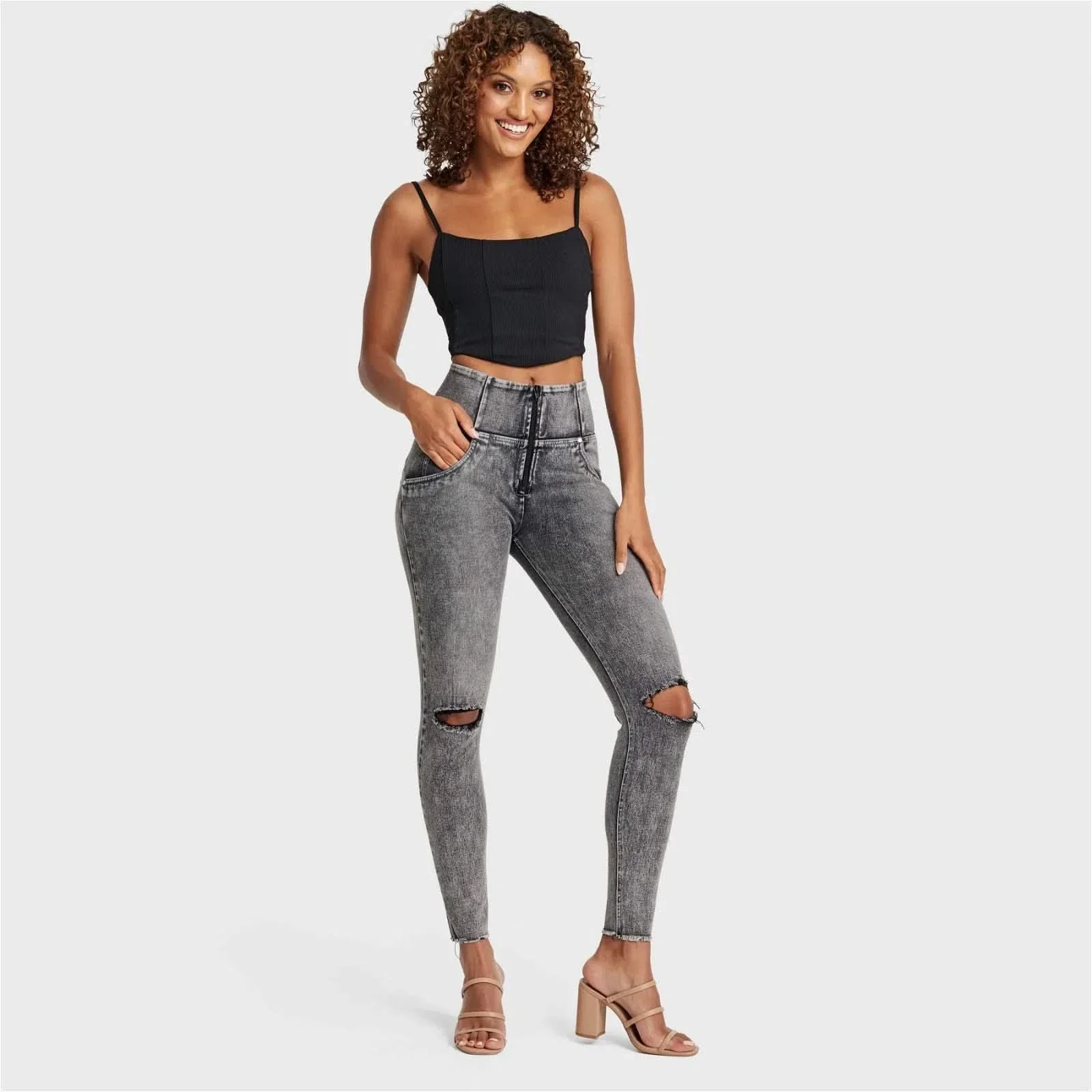WRUP SNUG Ripped Jeans - High Waisted - Full Length - Grey Stonewash + Grey Stitching - Image 11