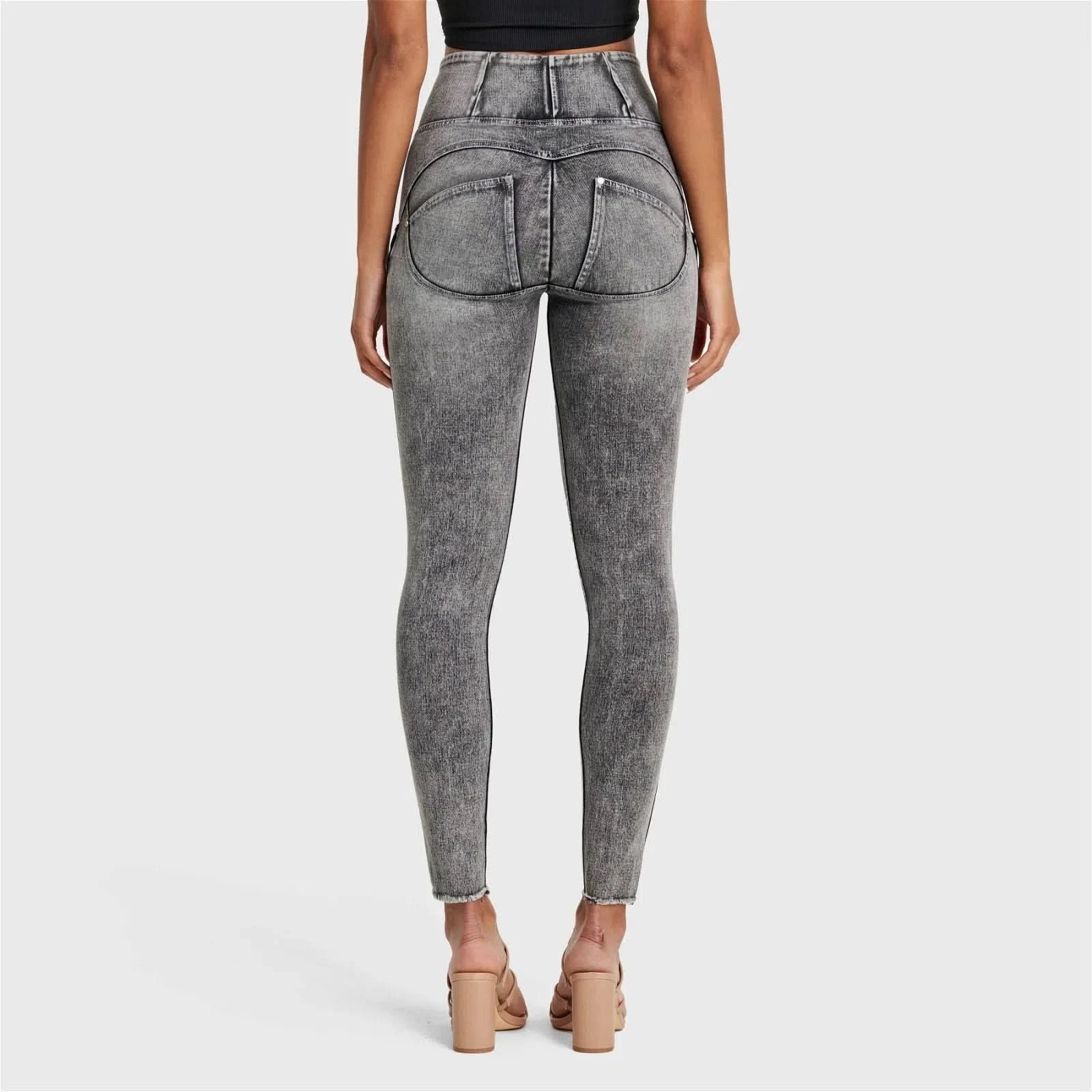 WRUP SNUG Ripped Jeans - High Waisted - Full Length - Grey Stonewash + Grey Stitching - Image 12