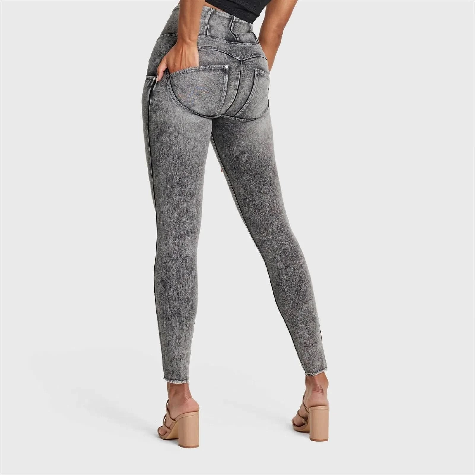 WRUP SNUG Ripped Jeans - High Waisted - Full Length - Grey Stonewash + Grey Stitching - Image 13