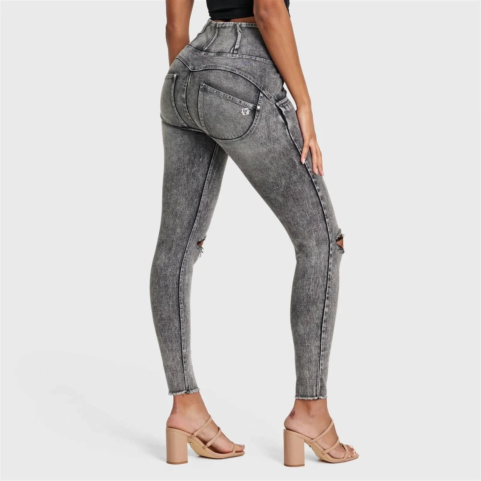 WRUP SNUG Ripped Jeans - High Waisted - Full Length - Grey Stonewash + Grey Stitching - Image 14