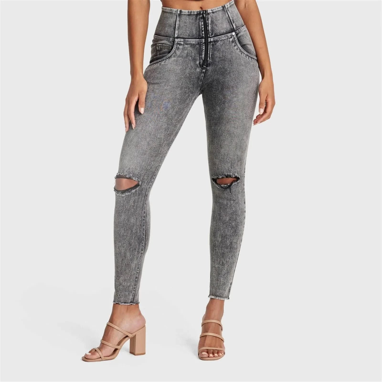 WRUP SNUG Ripped Jeans - High Waisted - Full Length - Grey Stonewash + Grey Stitching - Image 4