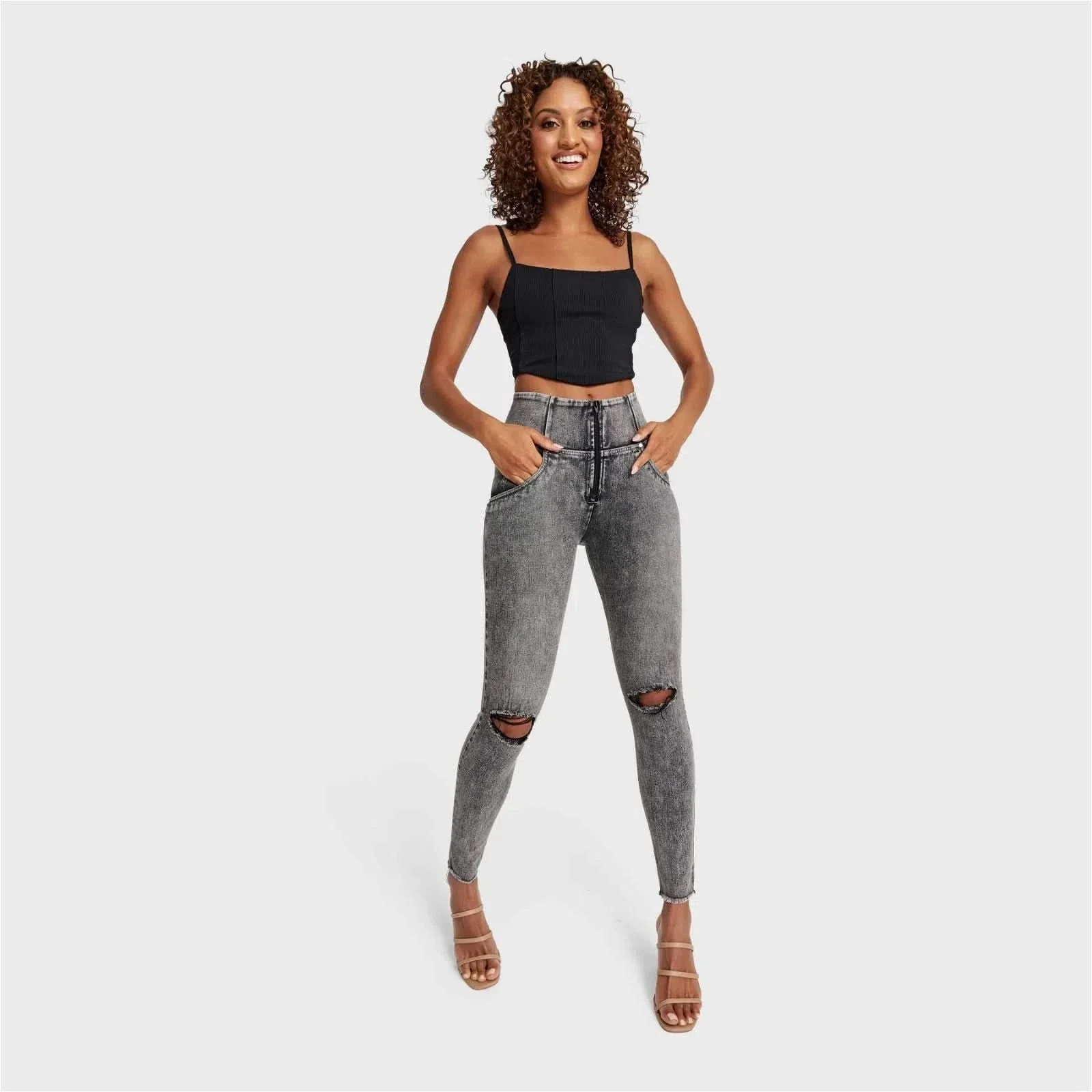 WRUP SNUG Ripped Jeans - High Waisted - Full Length - Grey Stonewash + Grey Stitching - Image 7