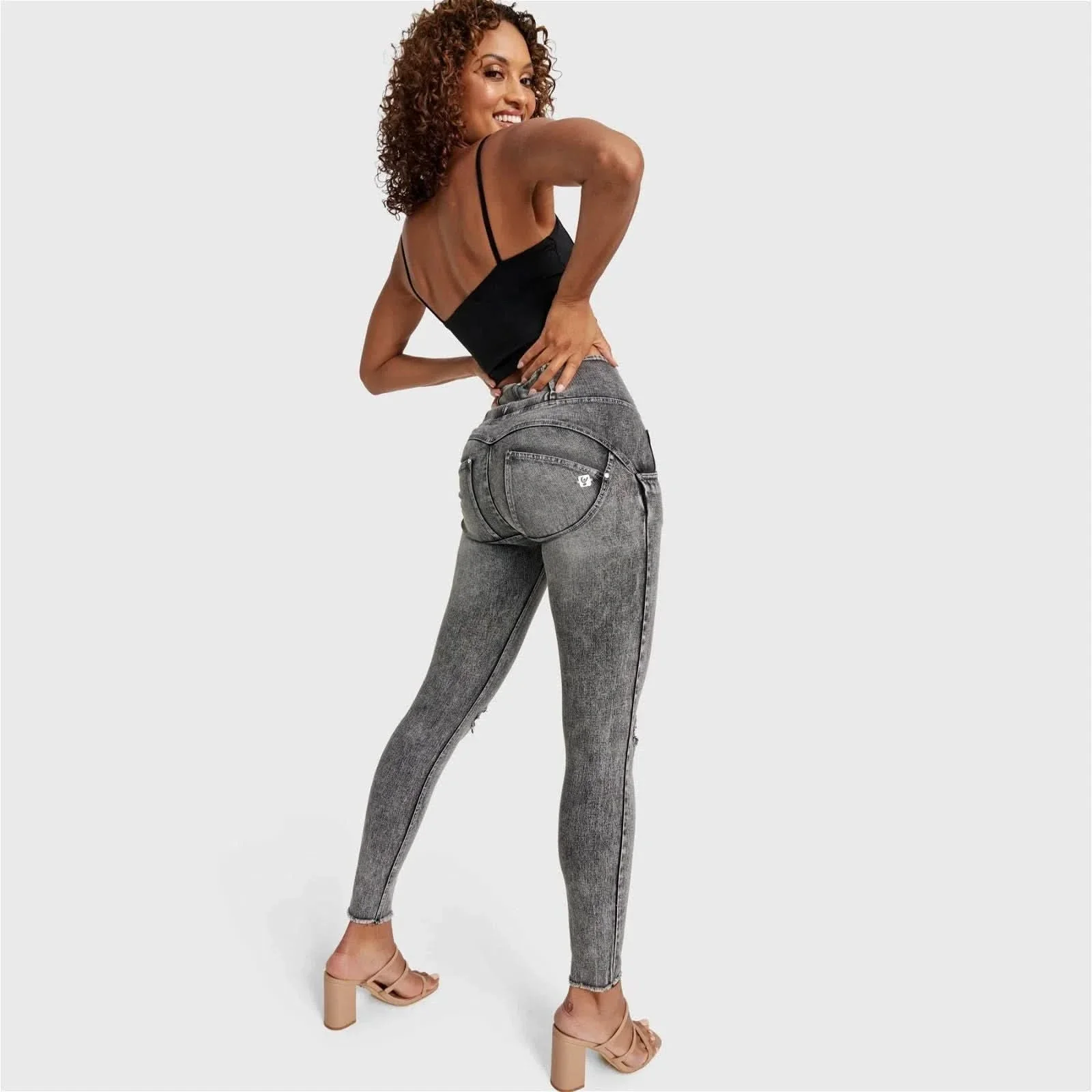 WRUP SNUG Ripped Jeans - High Waisted - Full Length - Grey Stonewash + Grey Stitching - Image 8