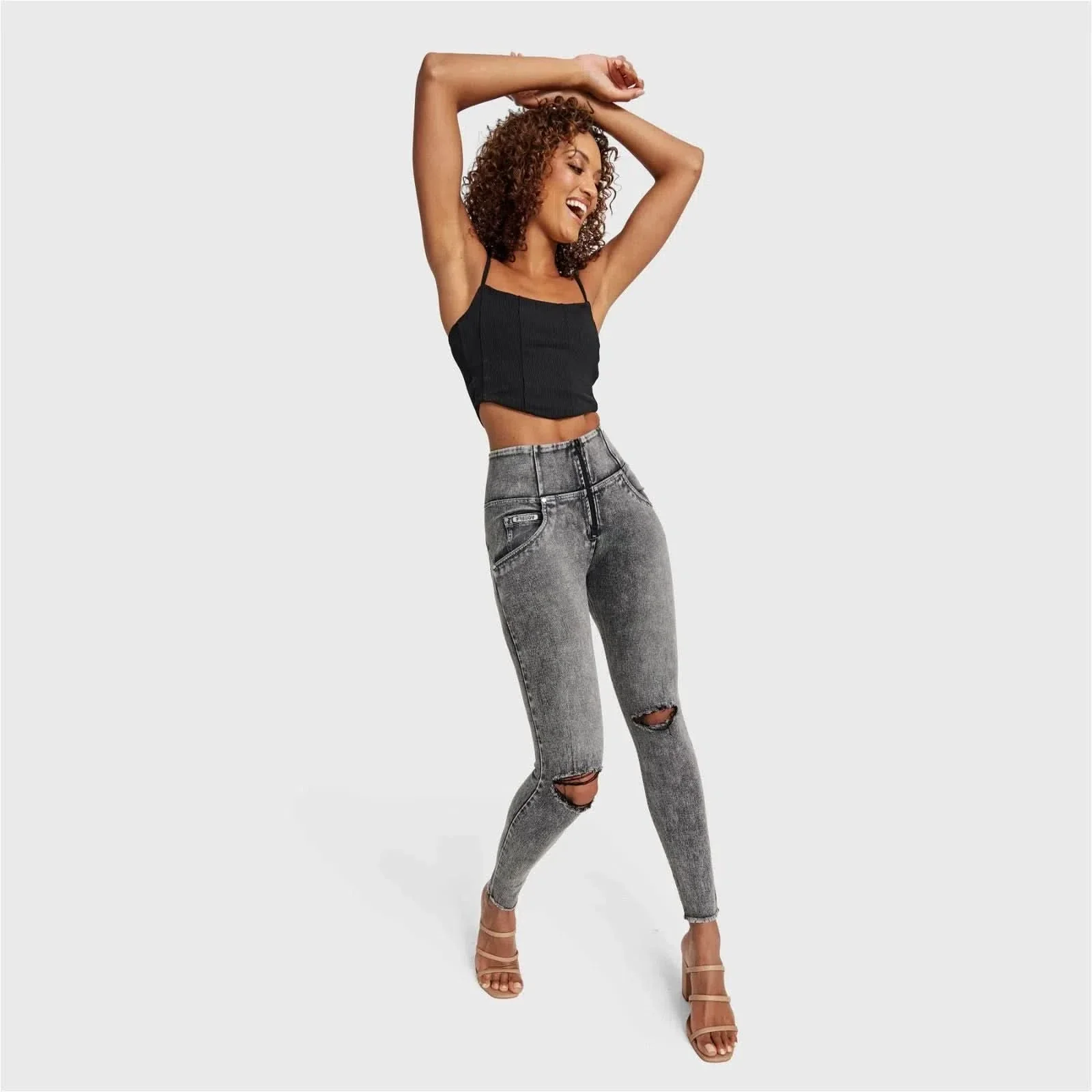 WRUP SNUG Ripped Jeans - High Waisted - Full Length - Grey Stonewash + Grey Stitching - Image 9