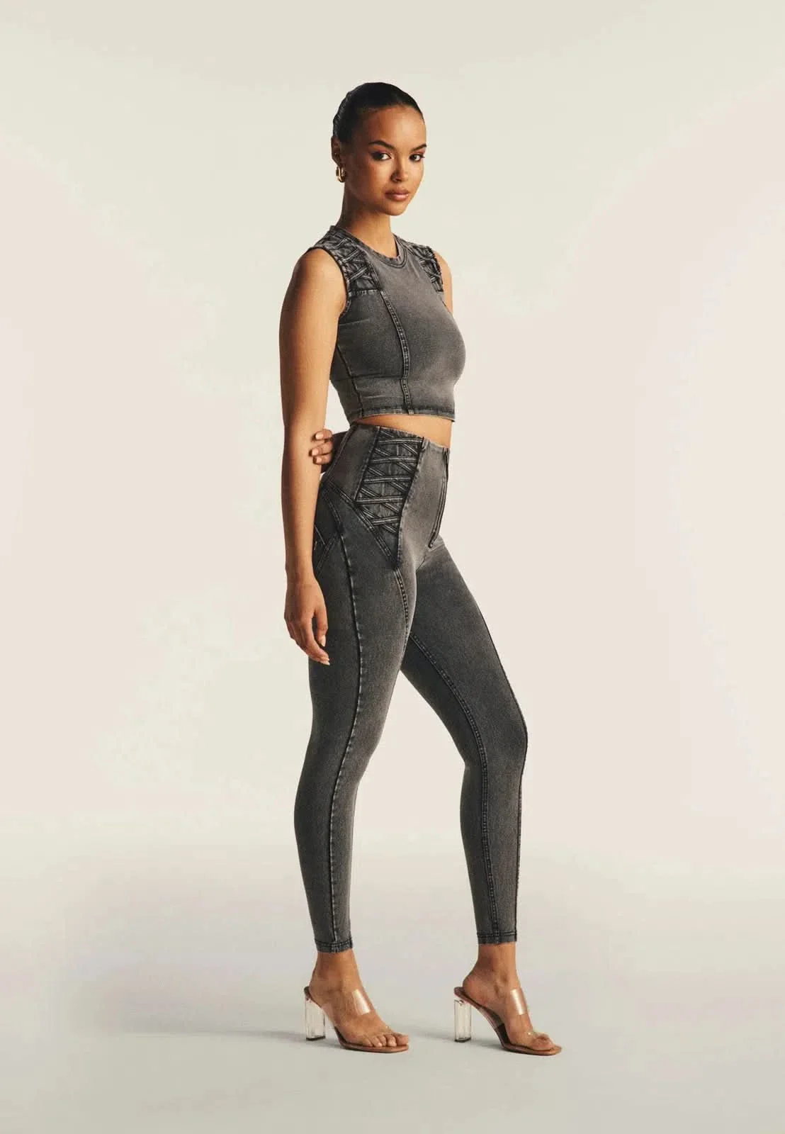 WRUP Denim Criss Cross Detail - High Waisted - 7/8 Length - Dark Grey Denim + Black Stitching - Image 2