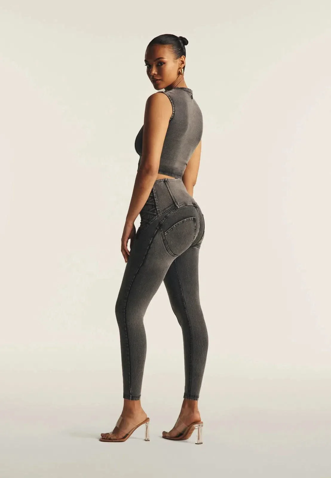 WRUP Denim Criss Cross Detail - High Waisted - 7/8 Length - Dark Grey Denim + Black Stitching - Image 3
