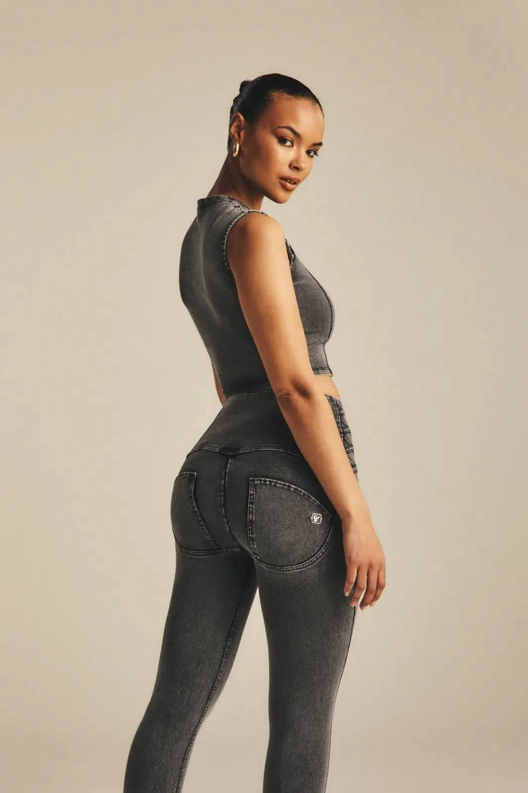 WRUP Denim Criss Cross Detail - High Waisted - 7/8 Length - Dark Grey Denim + Black Stitching - Image 4