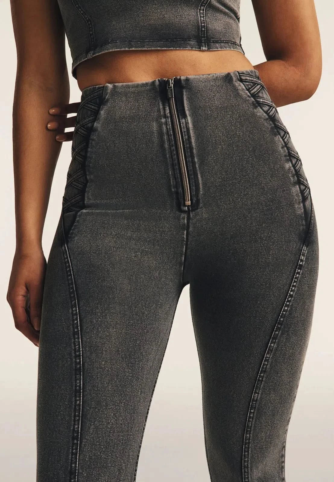 WRUP Denim Criss Cross Detail - High Waisted - 7/8 Length - Dark Grey Denim + Black Stitching - Image 5