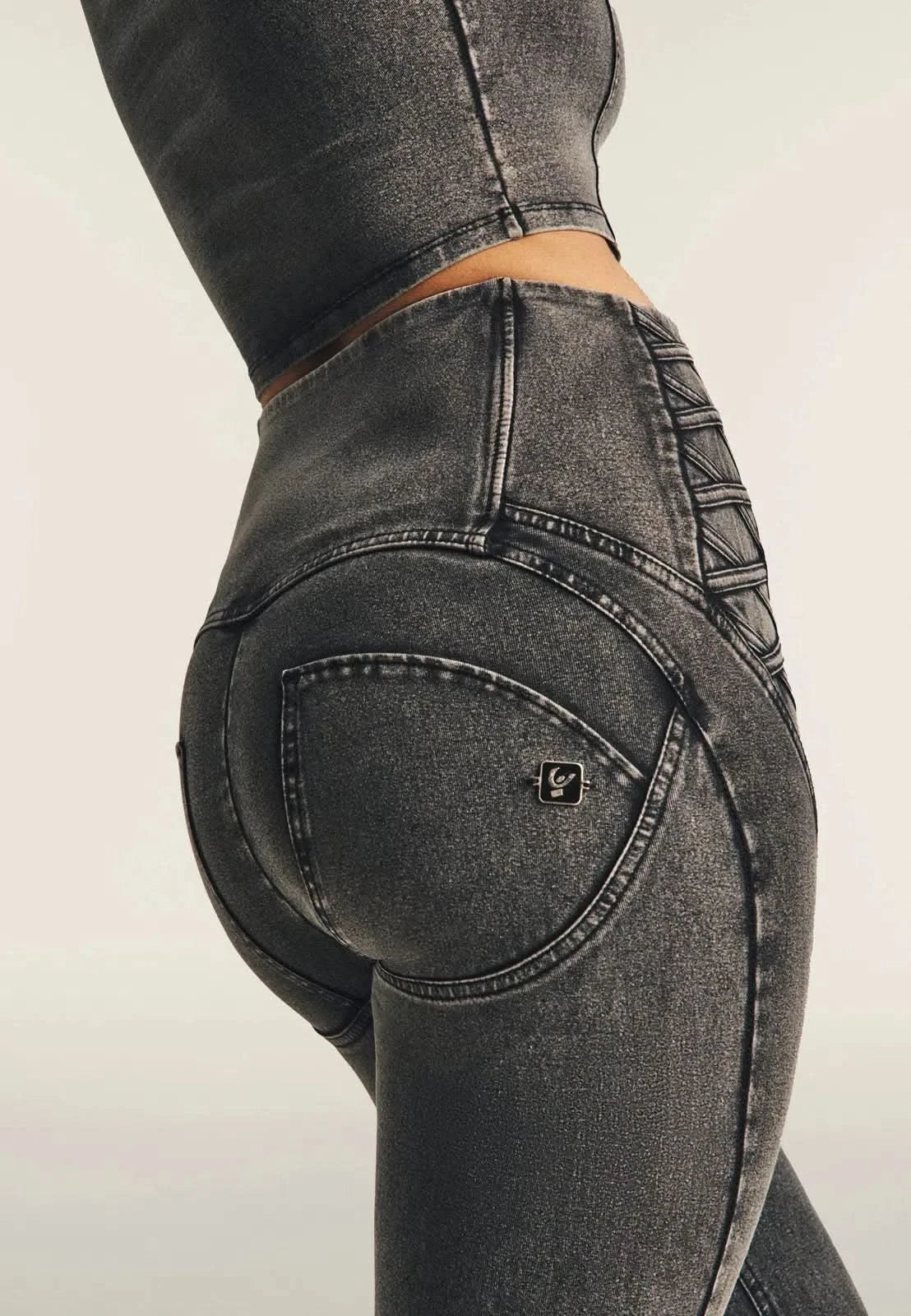 WRUP Denim Criss Cross Detail - High Waisted - 7/8 Length - Dark Grey Denim + Black Stitching - Image 6