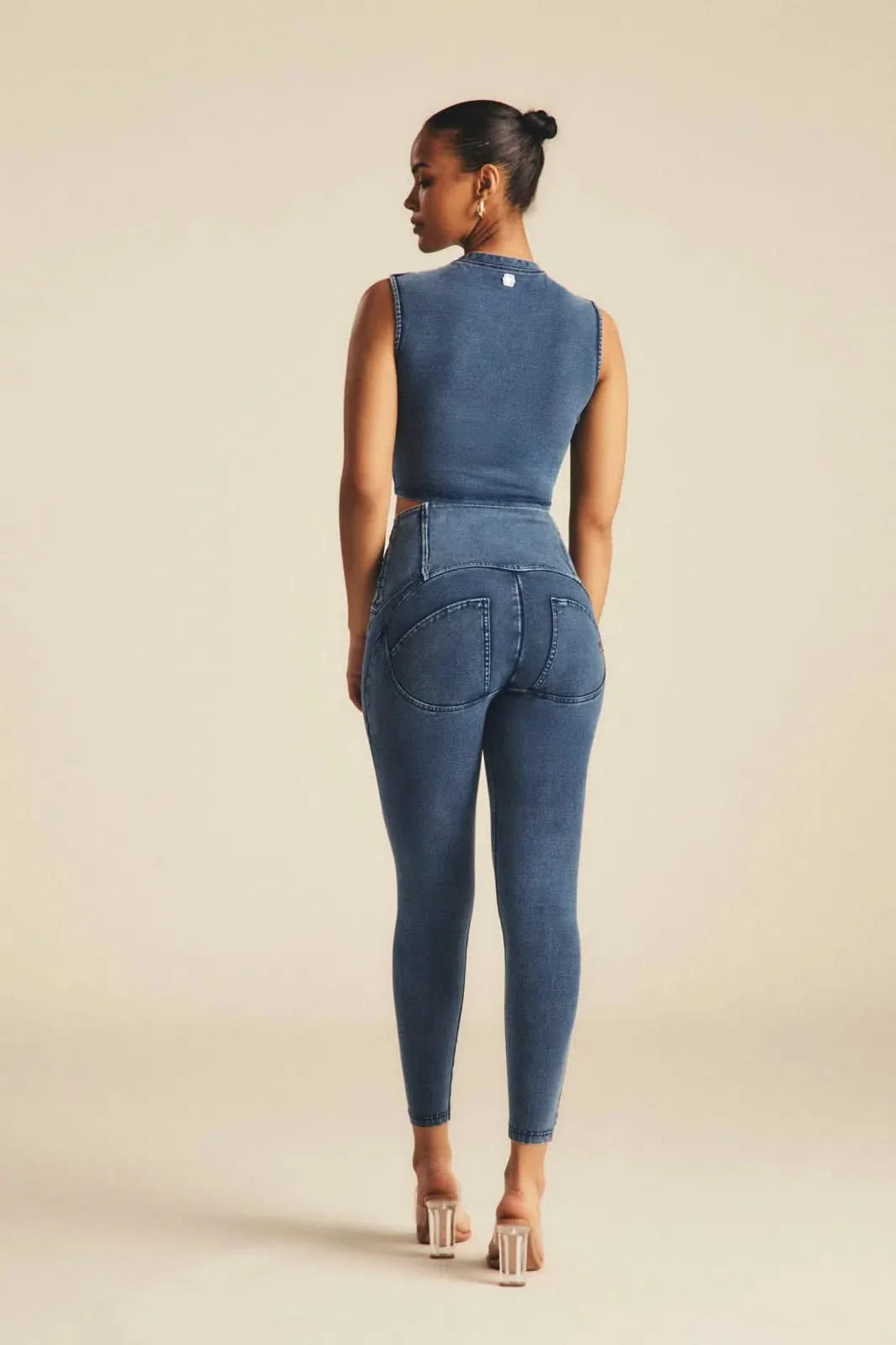 WRUP Denim Criss Cross Detail - High Waisted - 7/8 Length - Indigo Denim + Blue Stitching - Image 2