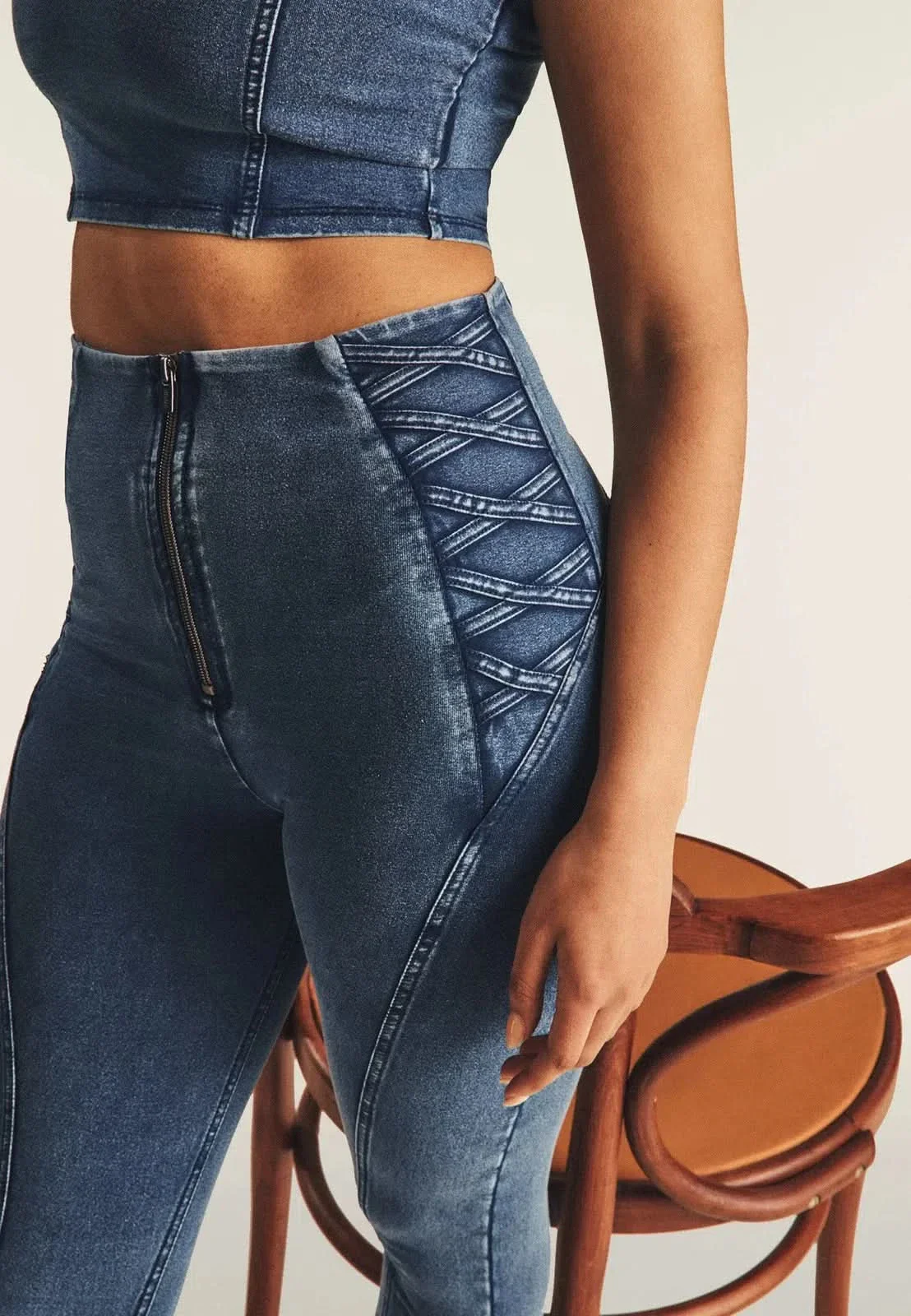 WRUP Denim Criss Cross Detail - High Waisted - 7/8 Length - Indigo Denim + Blue Stitching - Image 4