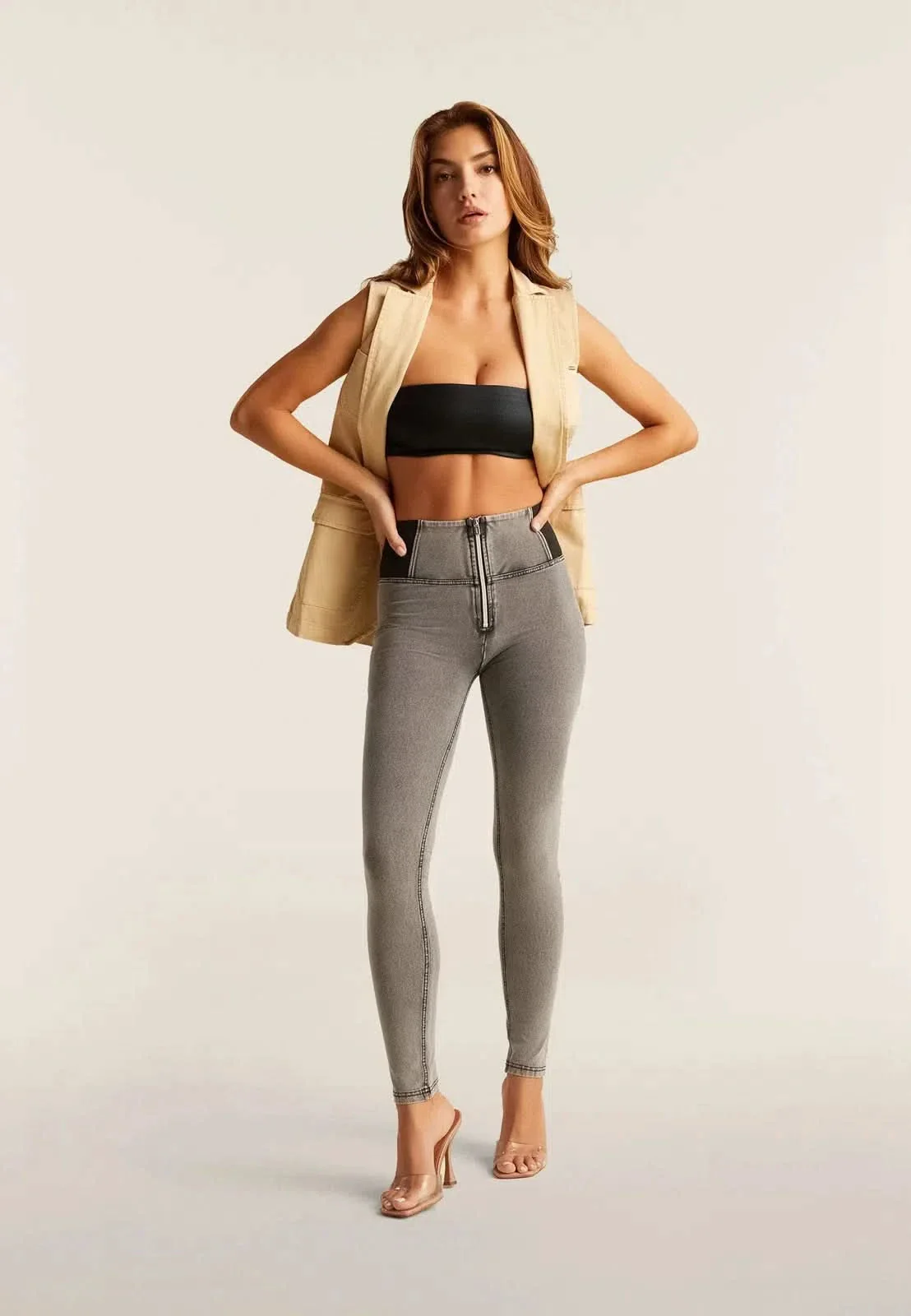 WRUP Denim with Elastane Side - High Waisted - Full Length - Grey + Black Stitching - Image 3