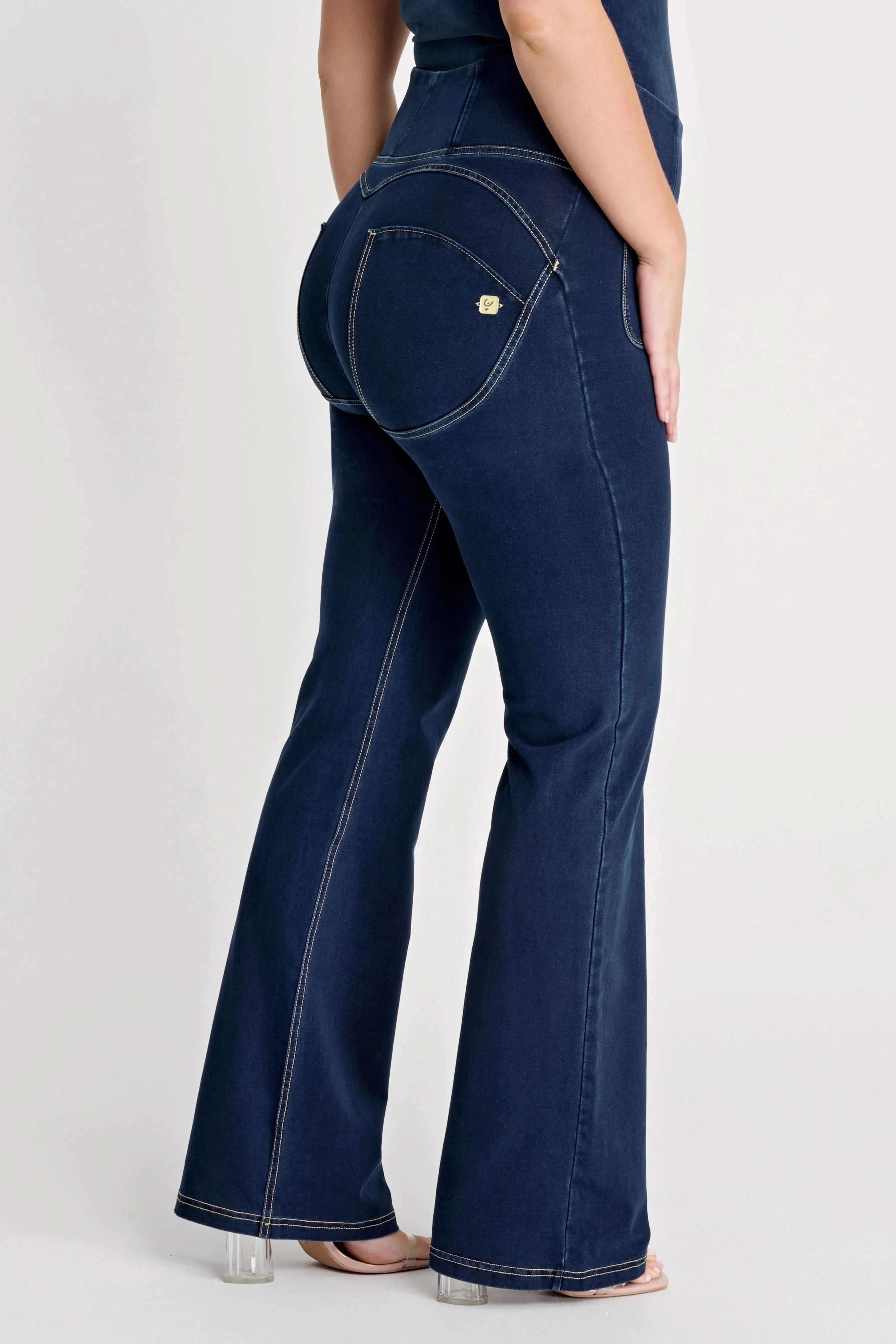WRUP Denim with Front Pockets - Super High Waisted - Flare - Dark Blue + Beige Stitching - Image 4