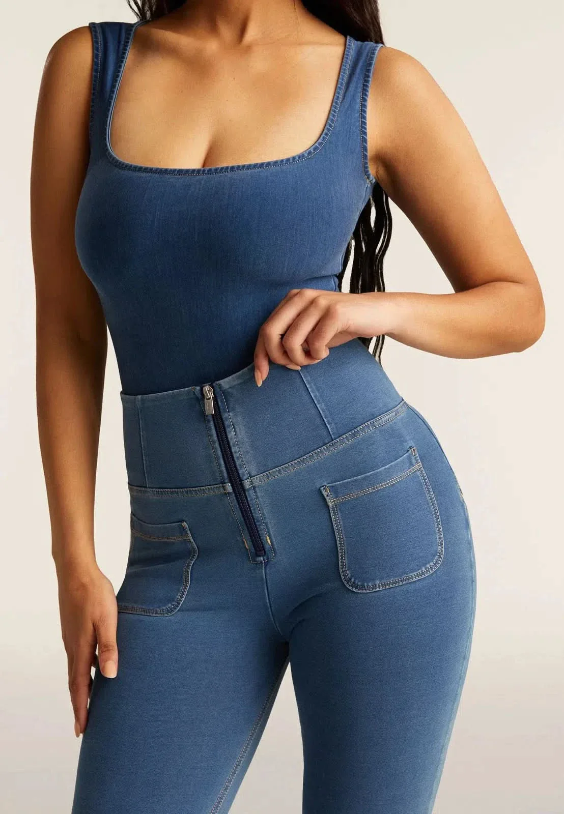 WRUP Denim with Front Pockets - Super High Waisted - Flare - Light Blue + Beige Stitching - Image 6