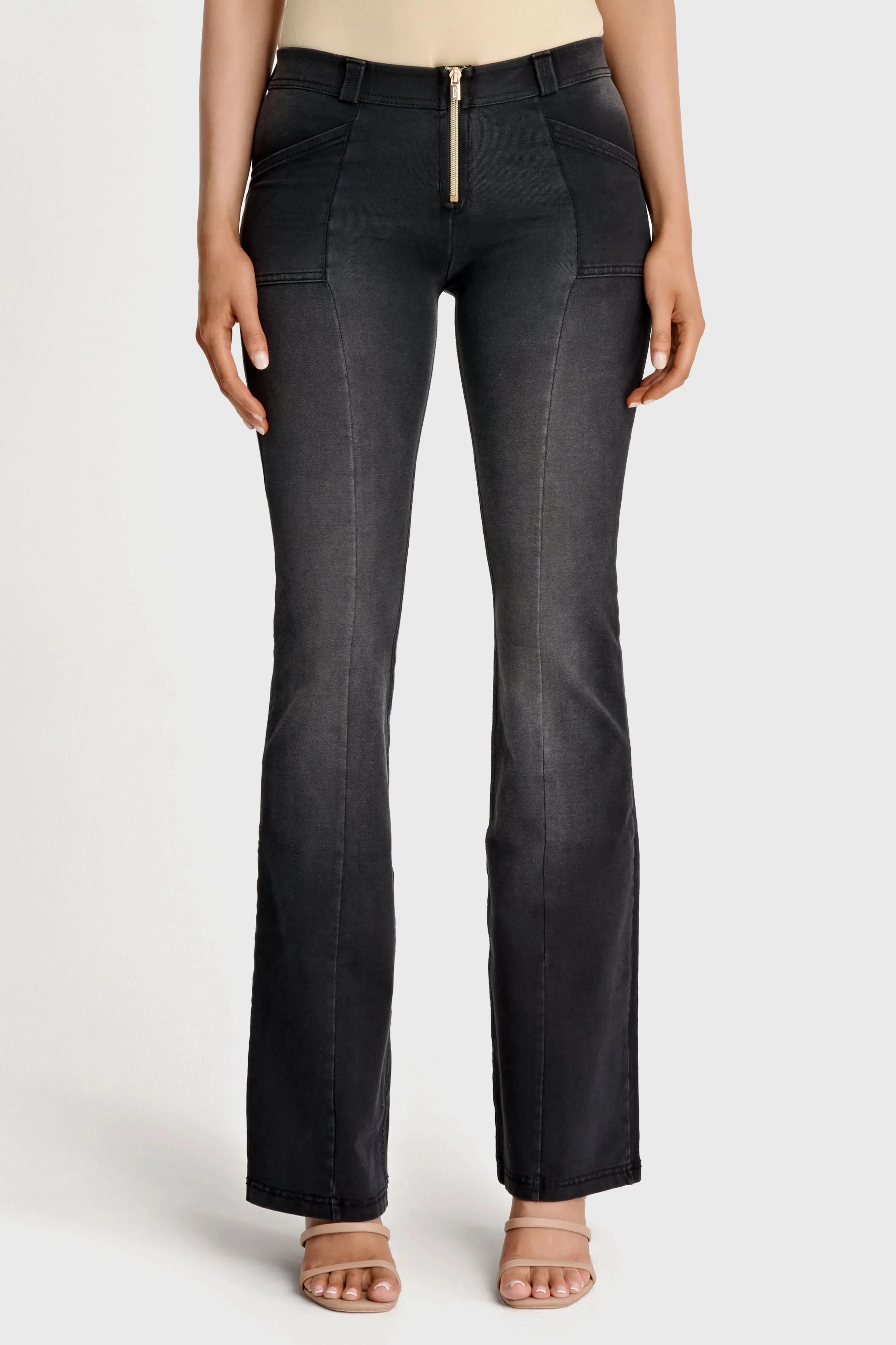 WRUP Denim with Gold Zip - Mid Rise - Flare - Black + Black Stitching - Image 3