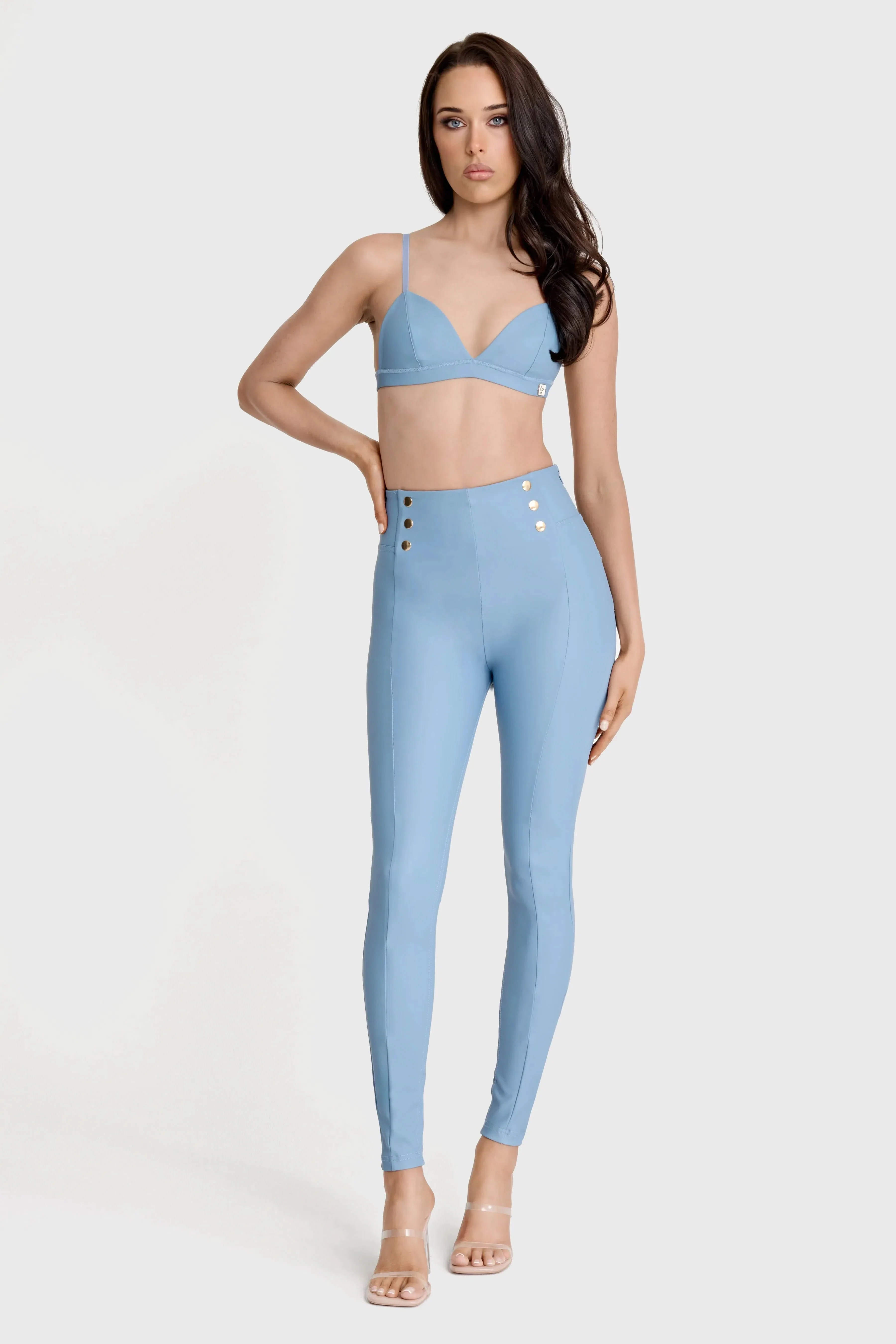 WRUP Faux Leather with Button Detail - Super High Waisted - Full Length - Baby Blue - Image 3