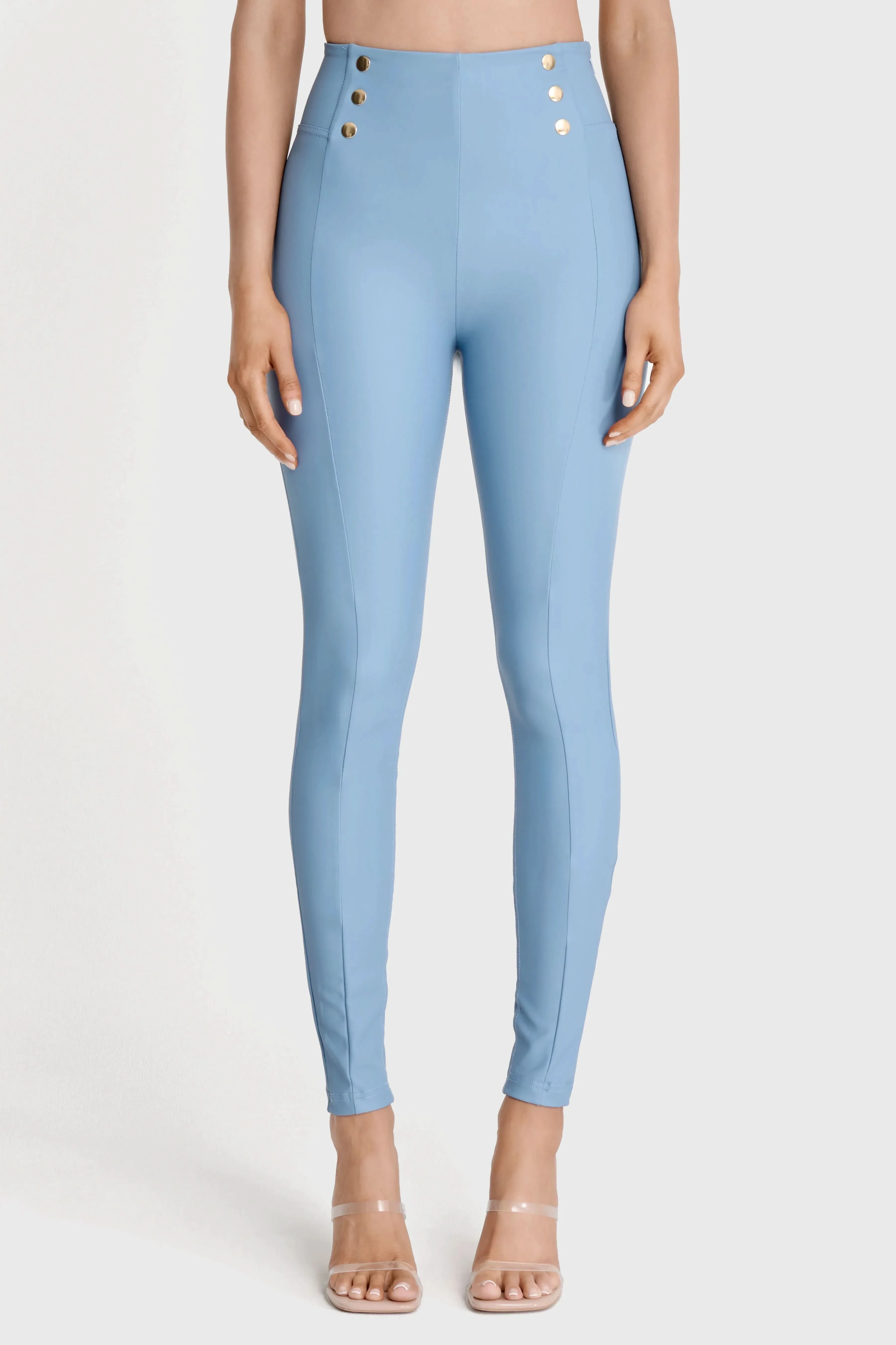 WRUP Faux Leather with Button Detail - Super High Waisted - Full Length - Baby Blue - Image 4