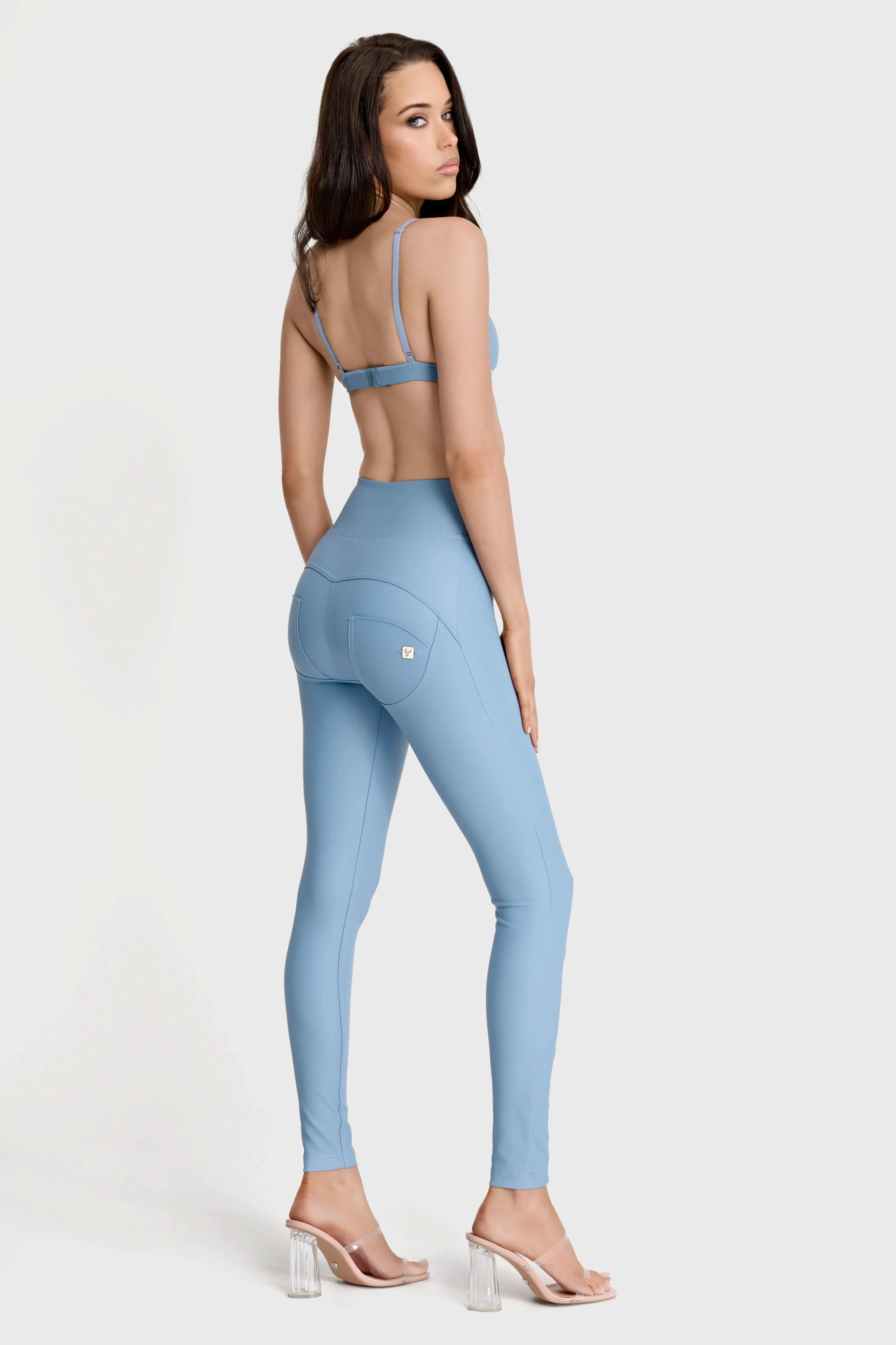 WRUP Faux Leather with Button Detail - Super High Waisted - Full Length - Baby Blue - Image 5