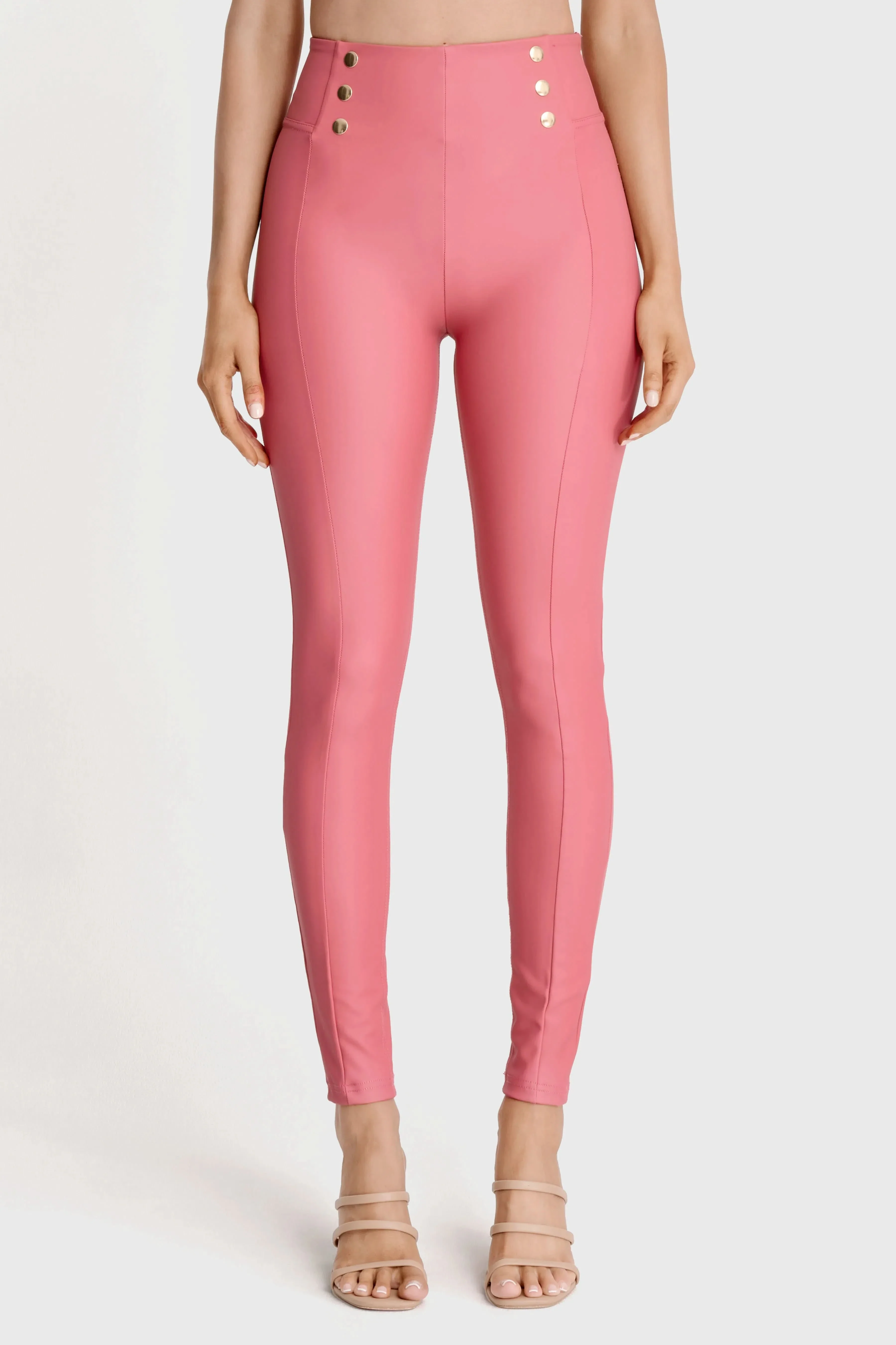 WRUP Faux Leather with Button Detail - Super High Waisted - Full Length - Rosey Pink - Image 2