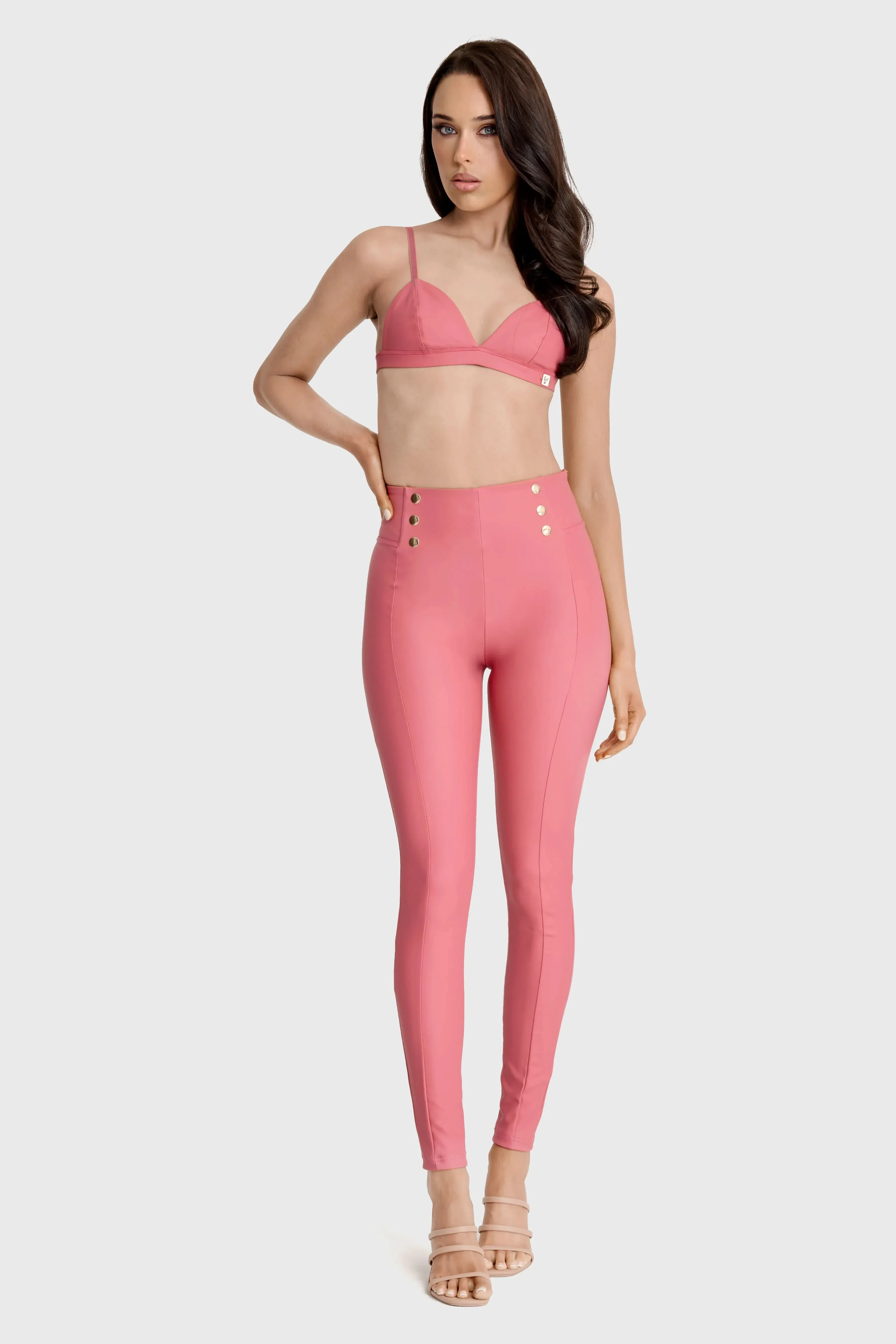 WRUP Faux Leather with Button Detail - Super High Waisted - Full Length - Rosey Pink - Image 3