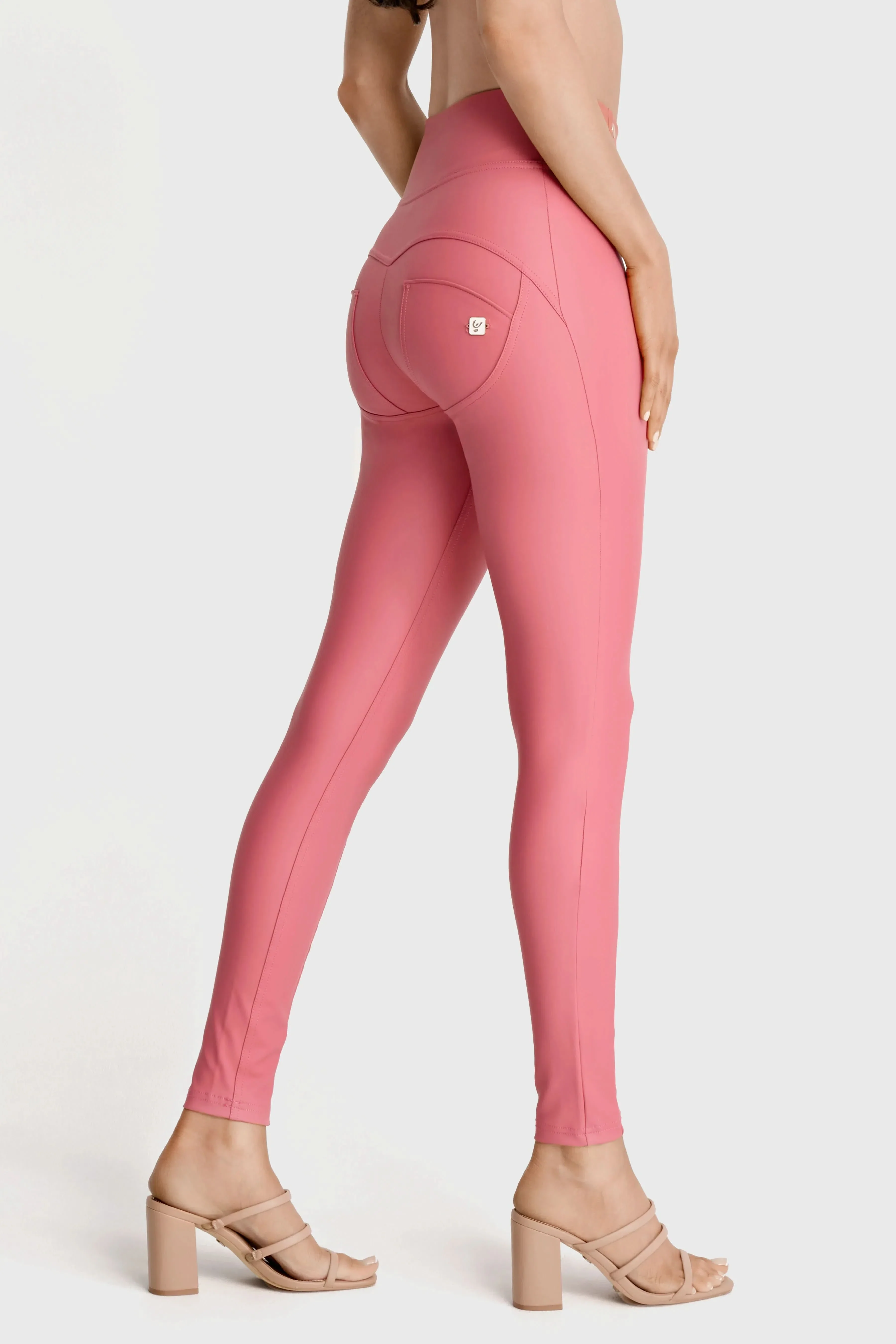 WRUP Faux Leather with Button Detail - Super High Waisted - Full Length - Rosey Pink - Image 7