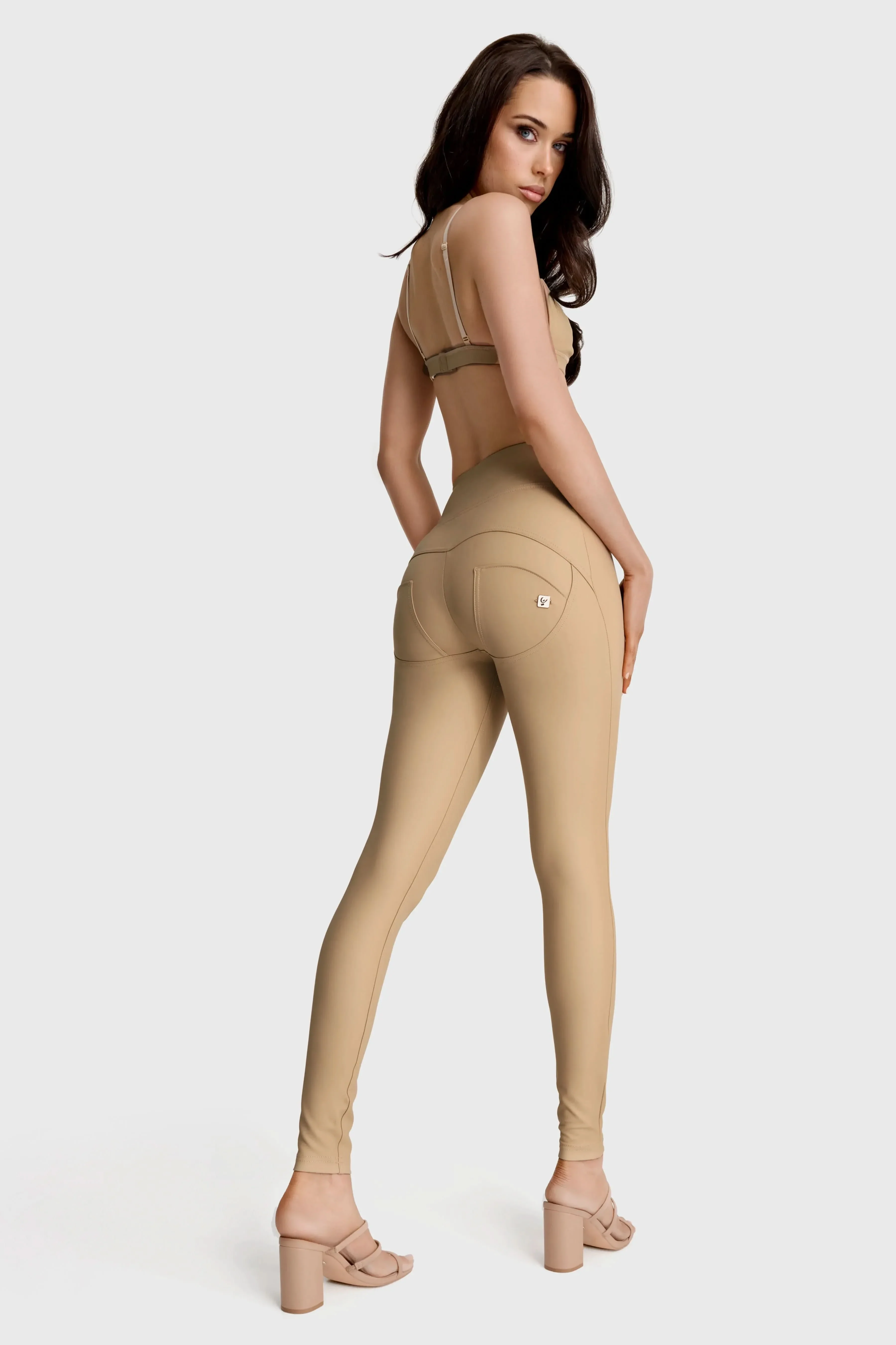 WRUP Faux Leather with Button Detail - Super High Waisted - Full Length - Sand - Image 2