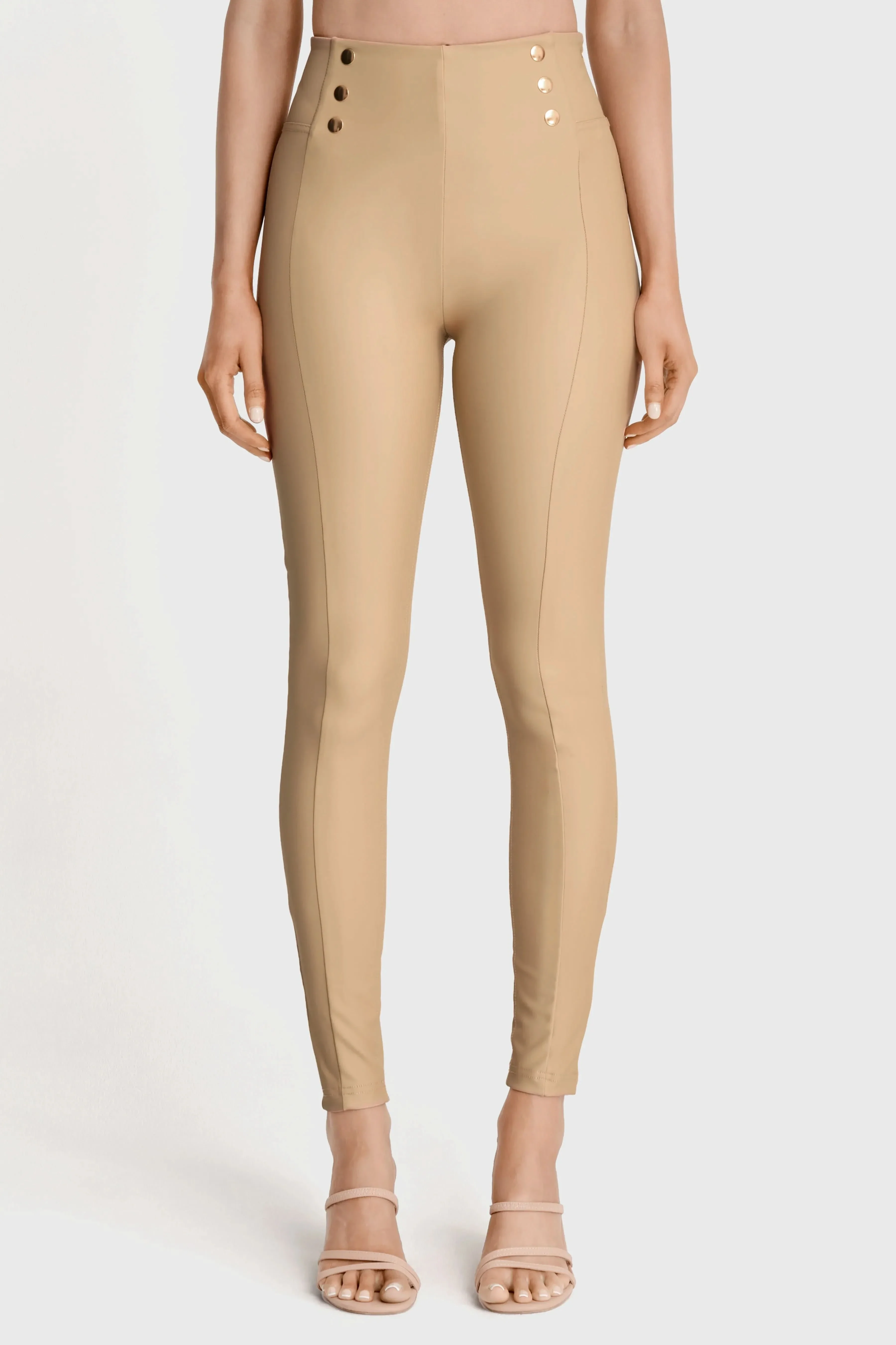 WRUP Faux Leather with Button Detail - Super High Waisted - Full Length - Sand - Image 3