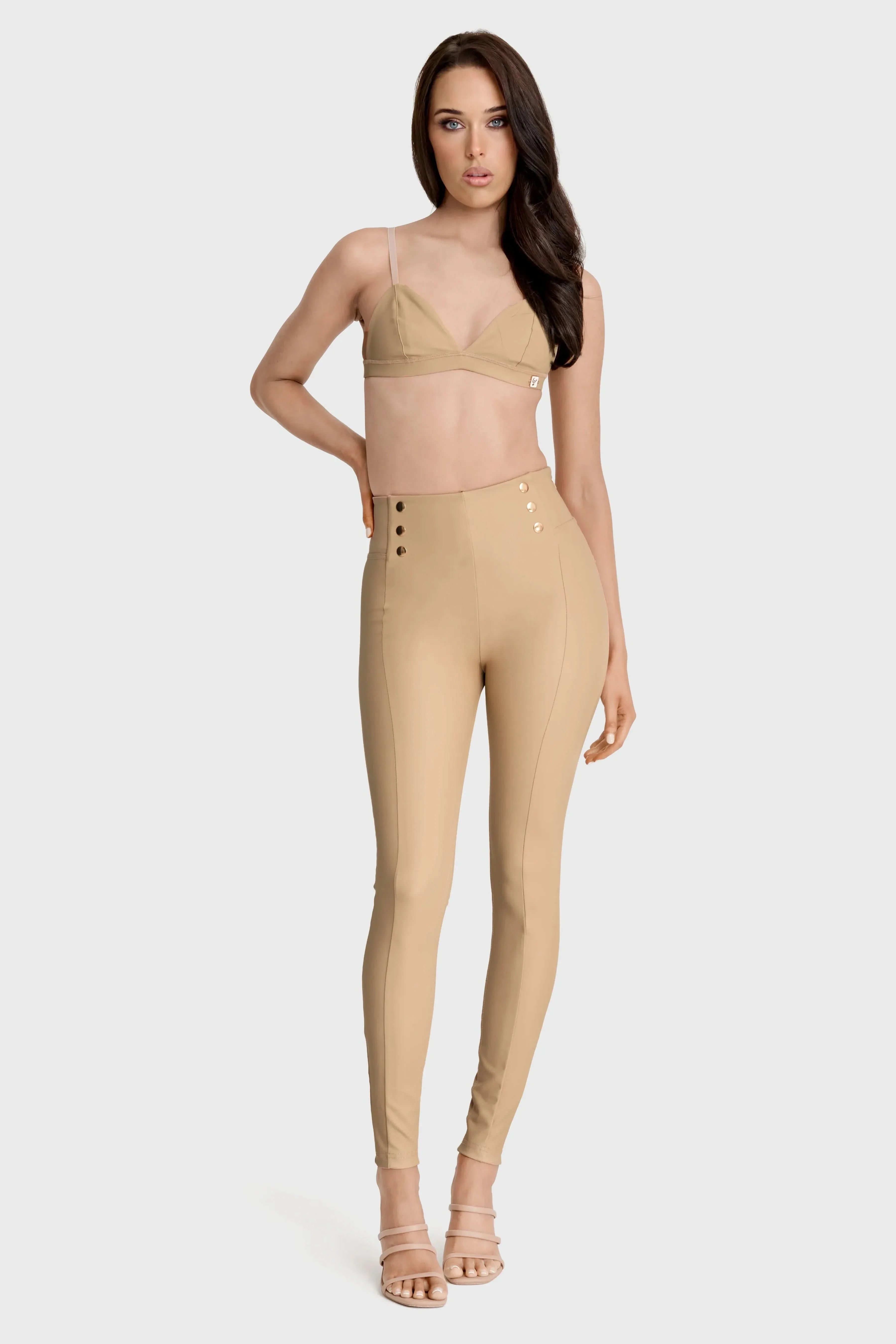 WRUP Faux Leather with Button Detail - Super High Waisted - Full Length - Sand - Image 4