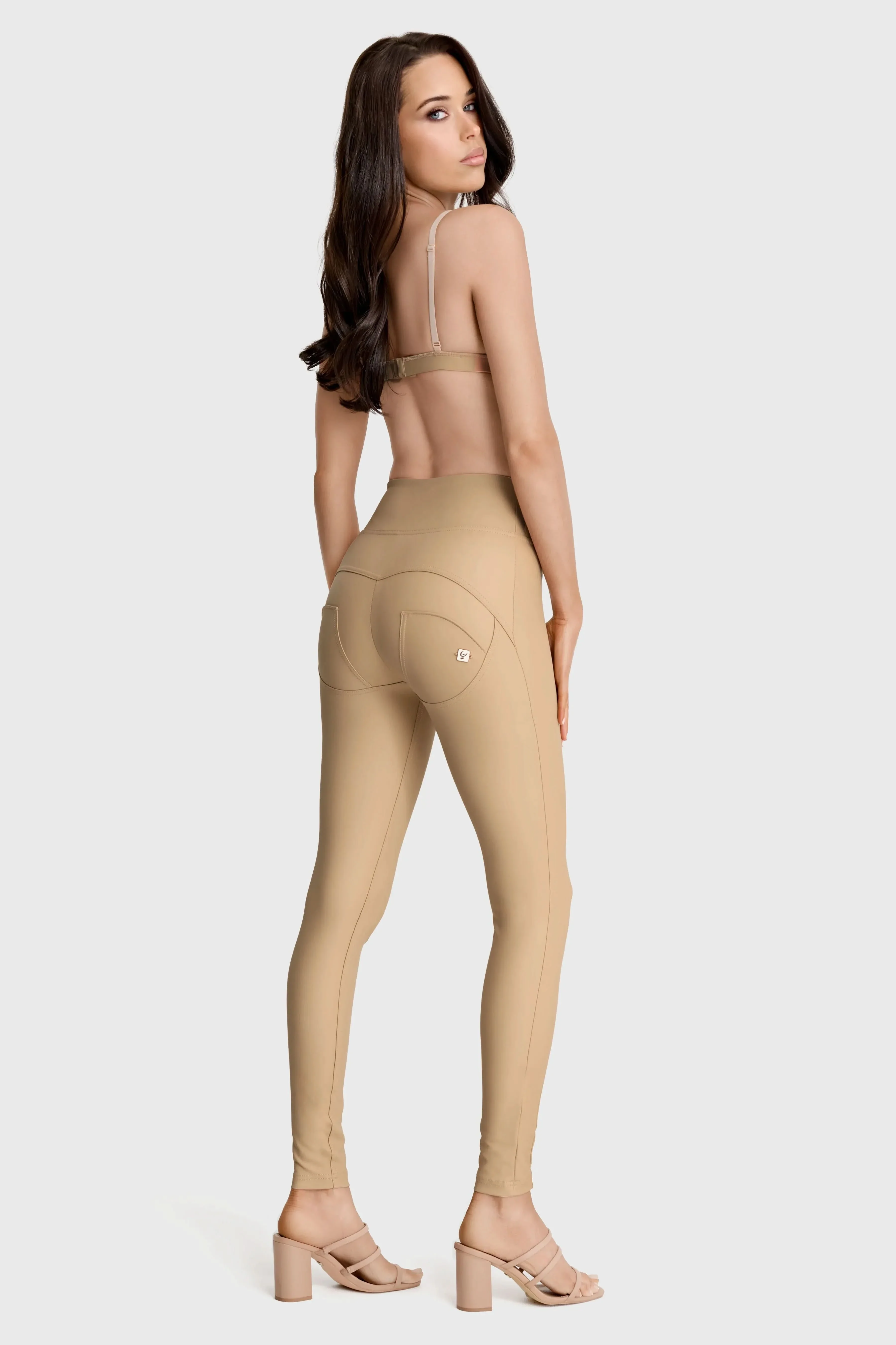 WRUP Faux Leather with Button Detail - Super High Waisted - Full Length - Sand - Image 5