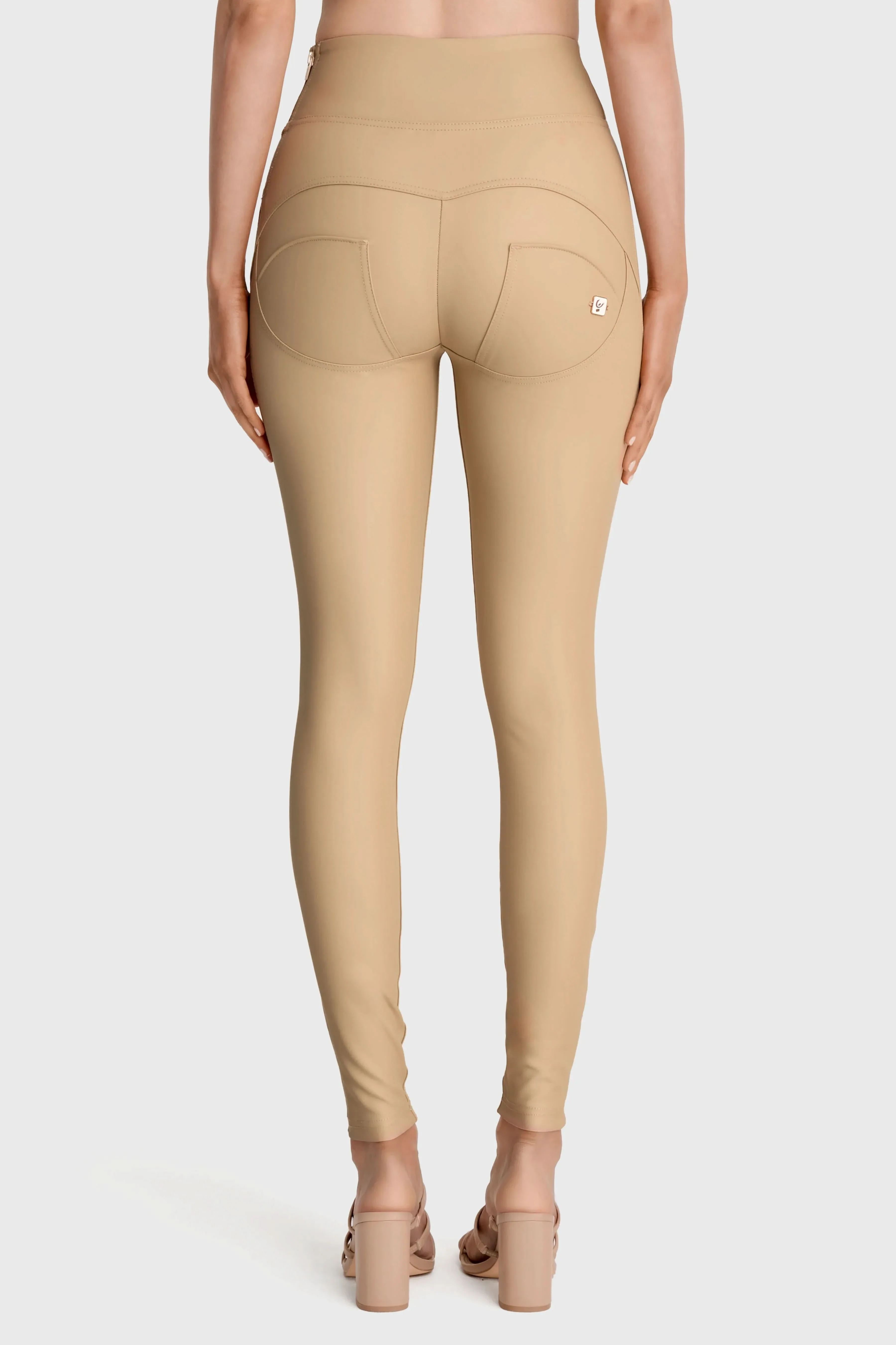 WRUP Faux Leather with Button Detail - Super High Waisted - Full Length - Sand - Image 6