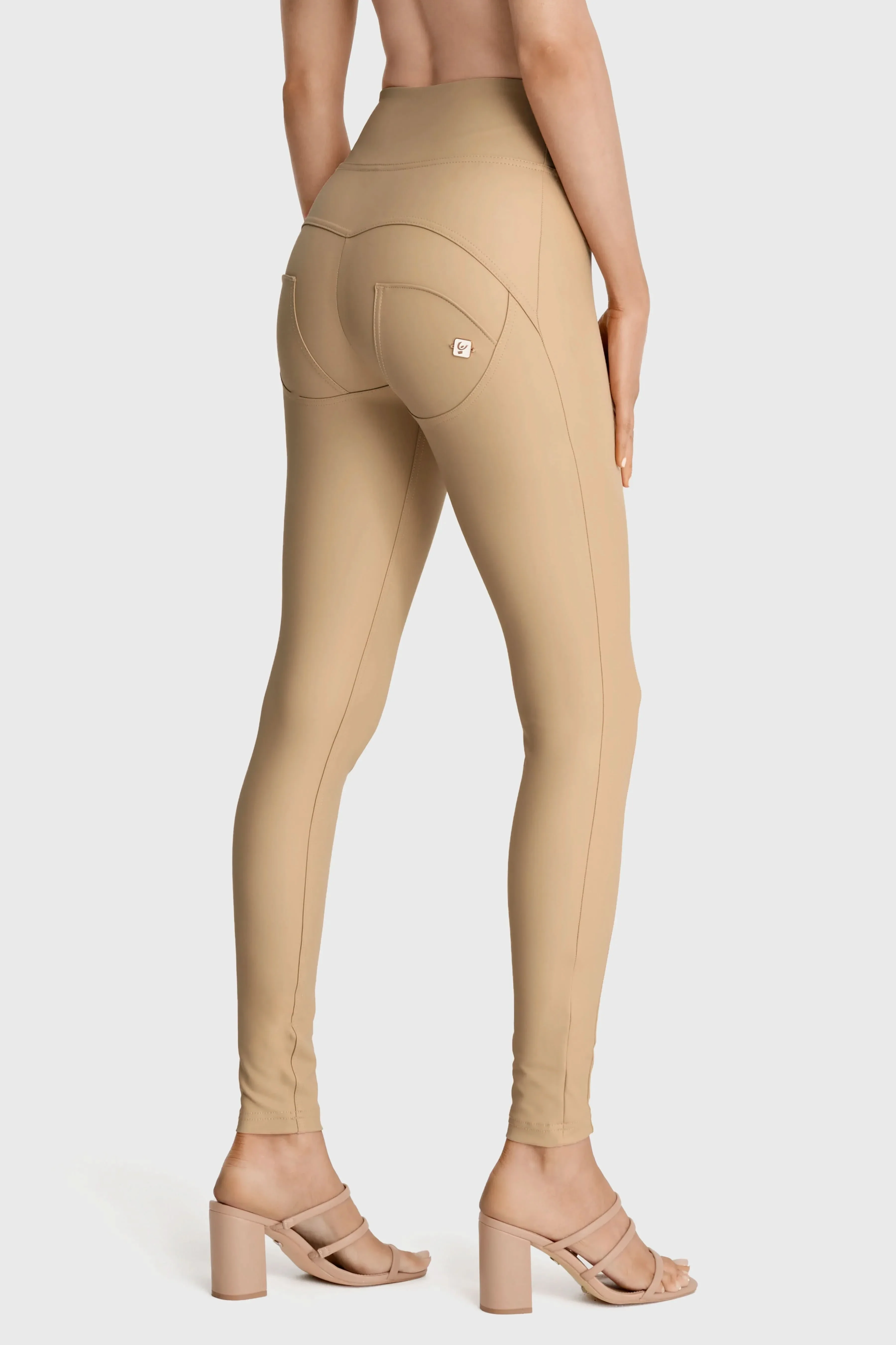 WRUP Faux Leather with Button Detail - Super High Waisted - Full Length - Sand - Image 7