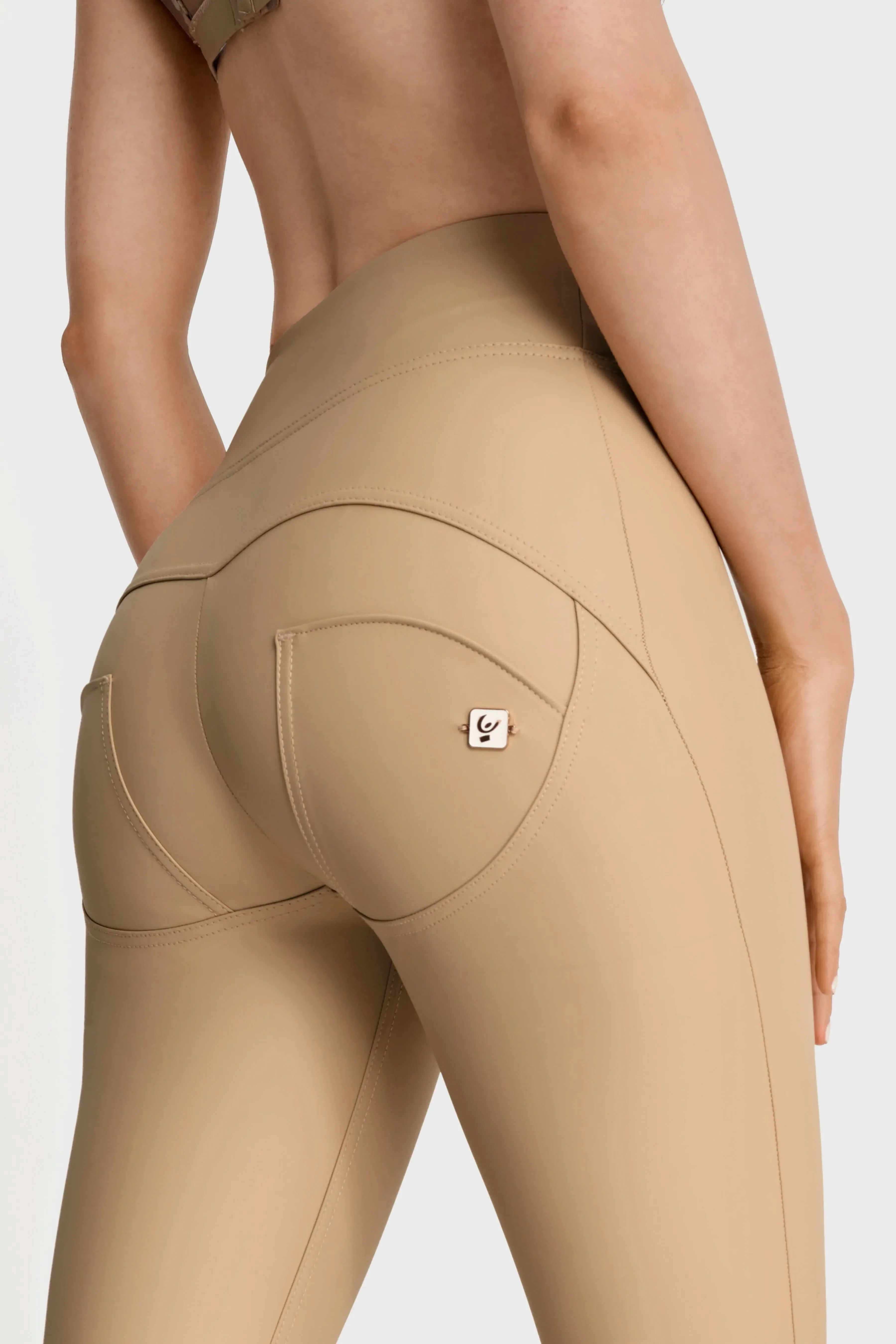 WRUP Faux Leather with Button Detail - Super High Waisted - Full Length - Sand - Image 9